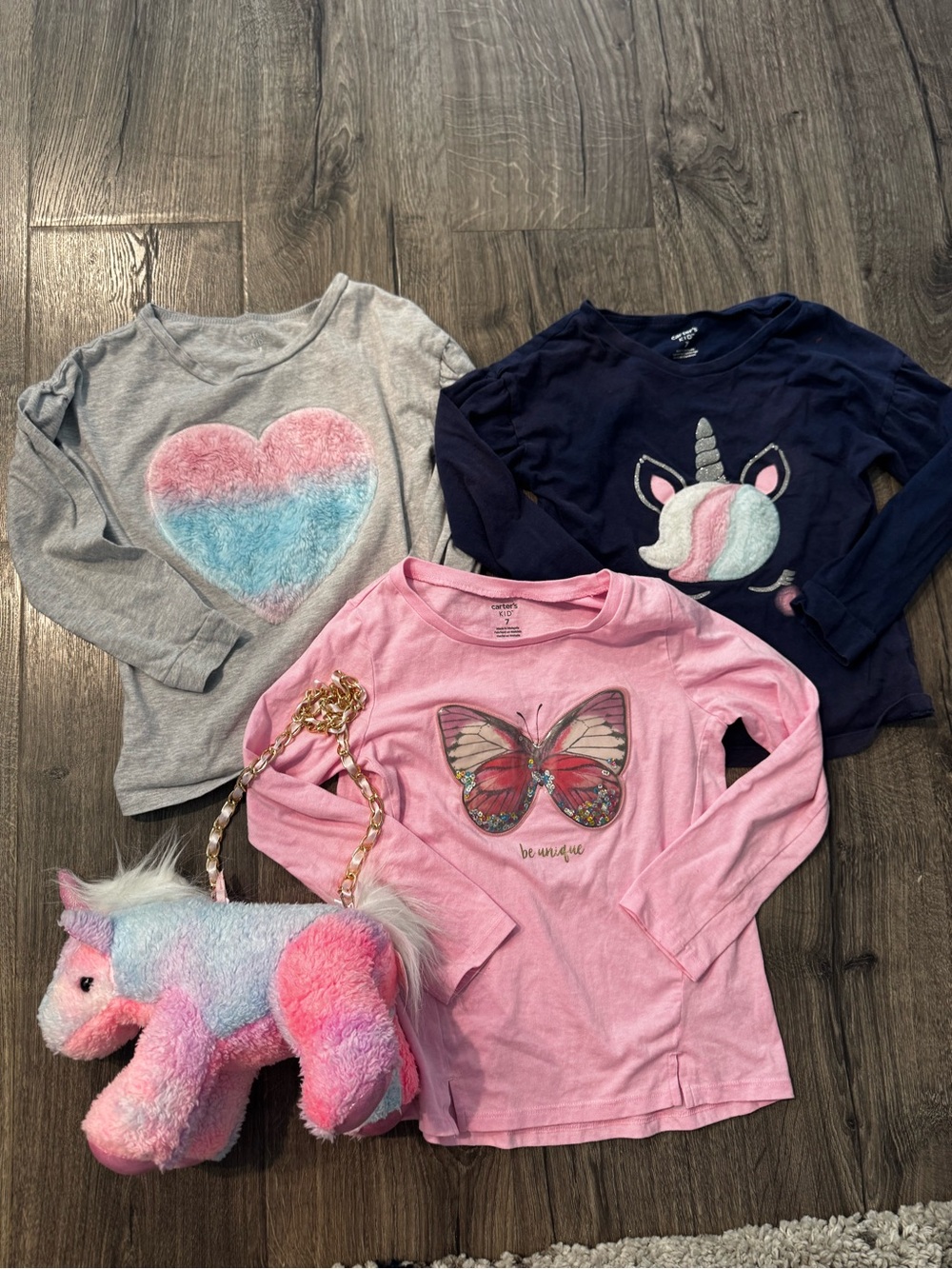 Carter's Pink Butterfly unicorn and heart long sleeve tops size 7 unicorn purse